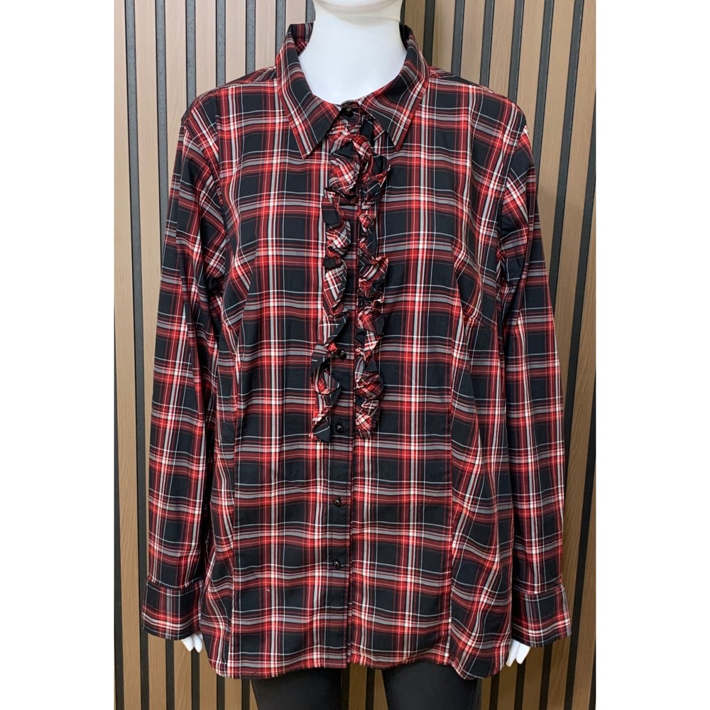 Talbots Women's Red Black Plaid Ruffle Front Button Down Shirt 18W Classic